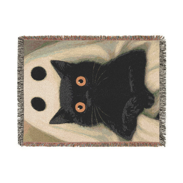 Cozy Handwoven Halloween Ghost & Black Cat Blanket Artwork 80" × 60"