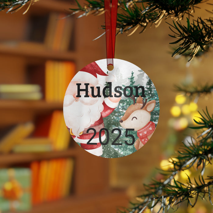 Santa and Reindeer 2025 Metal Ornament | Personalized Christmas Ornament