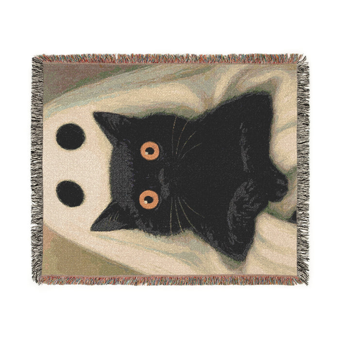 Cozy Handwoven Halloween Ghost & Black Cat Blanket Artwork 60" × 50"