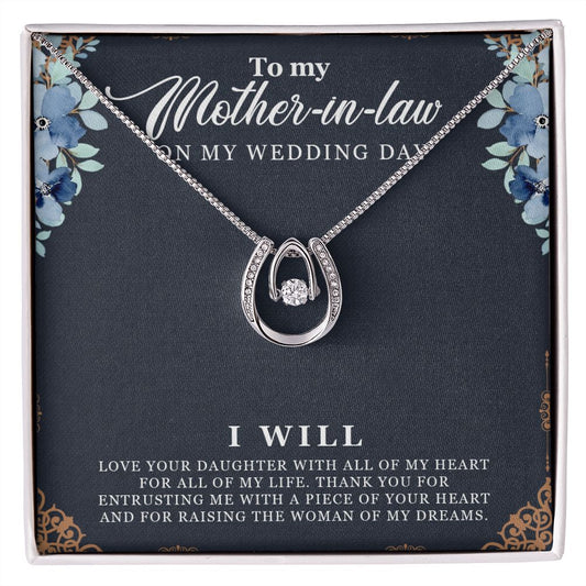 Mother In Law Gift, Stainless Steel Horseshoe White Gold Necklace With Message, On My Wedding Day, From Groom to Mother In Law