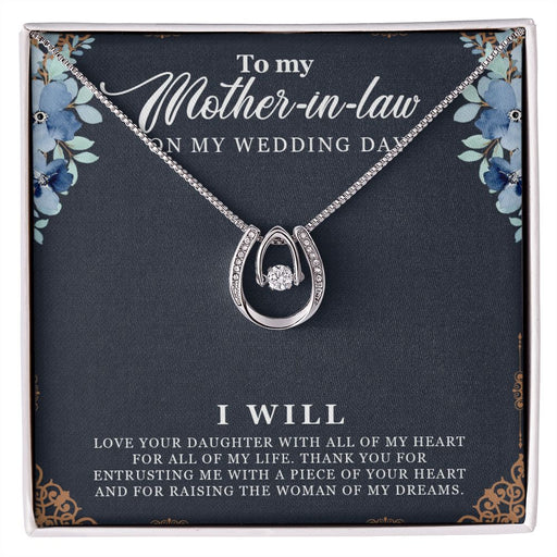 Mother In Law Gift, Stainless Steel Horseshoe White Gold Necklace With Message, On My Wedding Day, From Groom to Mother In Law Two Tone Box