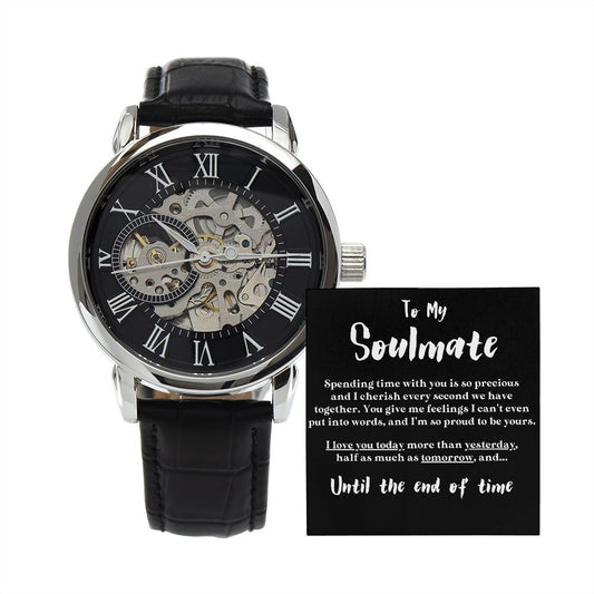 Men's Luxury Watch Soulmate Gift - "Love You More", Birthday or Anniversary Present, Stainless Steel & Genuine Leather With