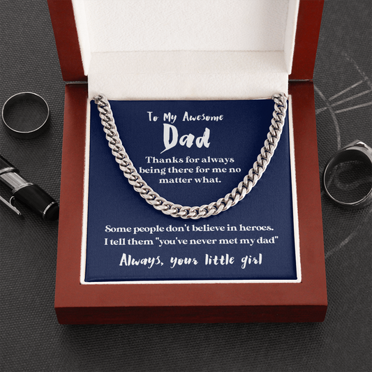To My Awesome Dad - My Hero (Blue) | 14k Gold & Steel Men's Chain Necklace & Mahogany Box