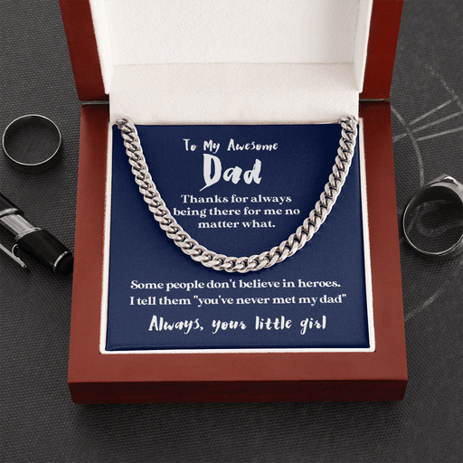 To My Awesome Dad - My Hero (Blue) | 14k Gold & Steel Men's Chain Necklace & Mahogany Box Cuban Link Chain (Stainless Steel)