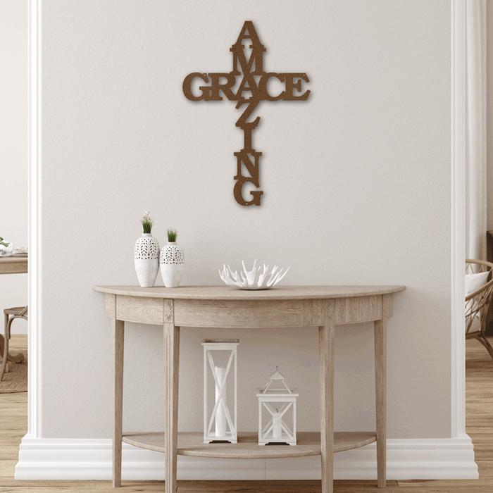 Amazing Grace Faith - Metal Wall Art Word Cross | Made in USA Copper 30