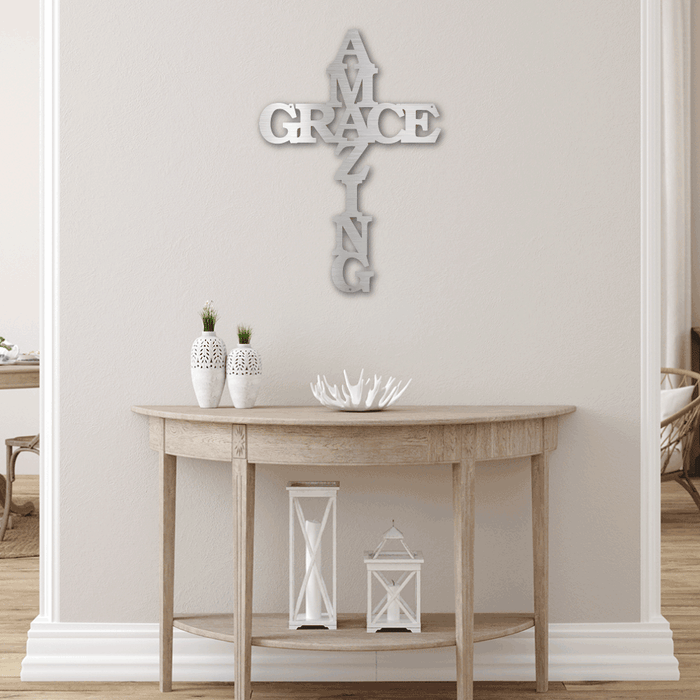 Amazing Grace Faith - Metal Wall Art Word Cross | Made in USA Silver 30