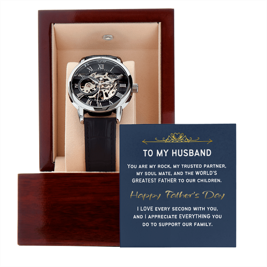 Happy Father's Day - Greatest Dad | Stainless Steel & Real Leather Luxury Open Face Timepiece Men's Watch