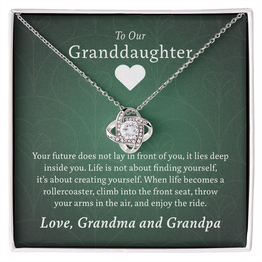 To Our Granddaughter (From Grandma & Grandpa) - Two Warm Hugs Green | Gold and Stainless Steel Knot Necklace