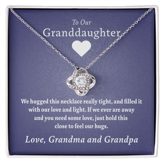 To Our Granddaughter (From Grandma & Grandpa) - Hugged This Tight Purple Card  | Gold and Stainless Steel Knot Necklace