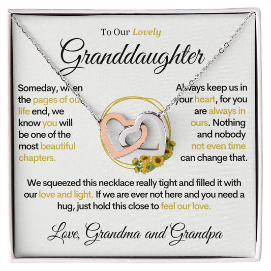 To Our Lovely Granddaughter - Sunflower Pages of Life, Two Hearts Necklace (From Grandma and Grandpa)