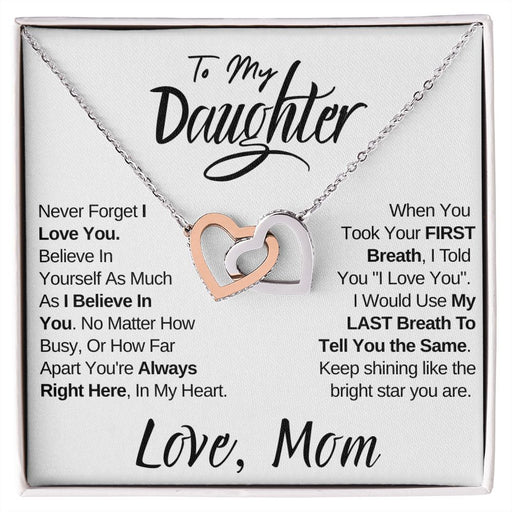 To My Daughter - (Love Mom) Beautiful Locked Hearts Necklace for Daughters Polished Stainless Steel & Rose Gold Finish Standard Box