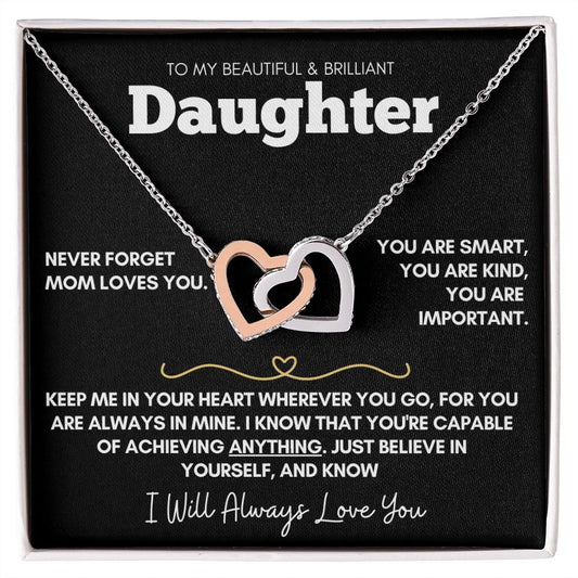 Daughter - Never Forget Mom Loves You - 14k Rose Gold and Stainless Steel Hearts Necklace