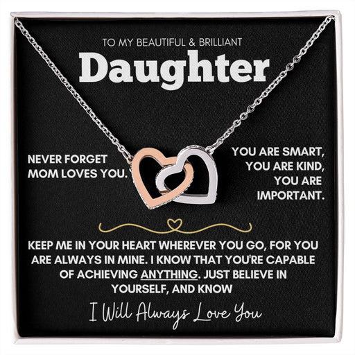 Daughter - Never Forget Mom Loves You - 14k Rose Gold and Stainless Steel Hearts Necklace Polished Stainless Steel & Rose Gold Finish Standard Box