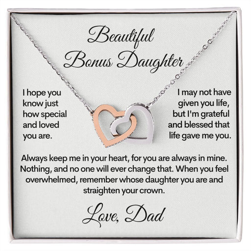 Bonus Daughter (Love, Dad) | Beautiful Locked Hearts Stainless Steel and Gold Necklace