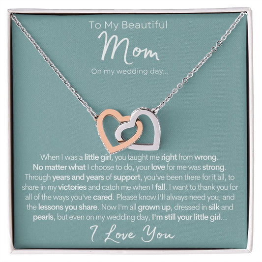 To My Beautiful Mom (On My Wedding Day, Daughter) - Gold Hearts Necklace With Message Card, On Daughter's Wedding Day Gift for Mom