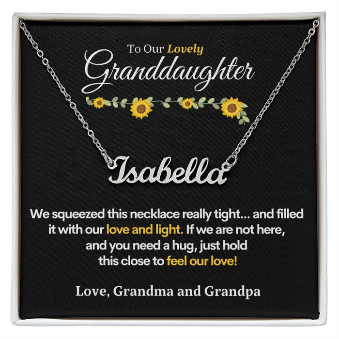Custom Monogram Name Necklace for Granddaughter with Card (Love, Grandma and Grandpa) Polished Stainless Steel Standard Box