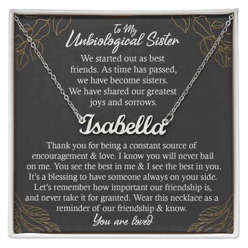Unbiological Sister Gift Necklace, Personalized Name Necklace, Gold and Stainless Steel, Poem Card and Jewelry Gift Box, Birthday Present Polished Stainless Steel Standard Box