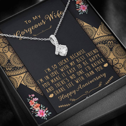 To My Gorgeous Wife | Happy Anniversary | 14K White Gold Ribbon Pendant Necklace