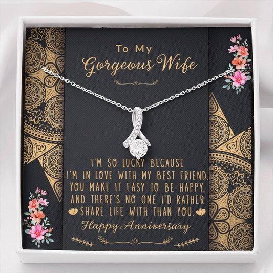 To My Gorgeous Wife | Happy Anniversary | 14K White Gold Ribbon Pendant Necklace Jewelry ShineOn Fulfillment 